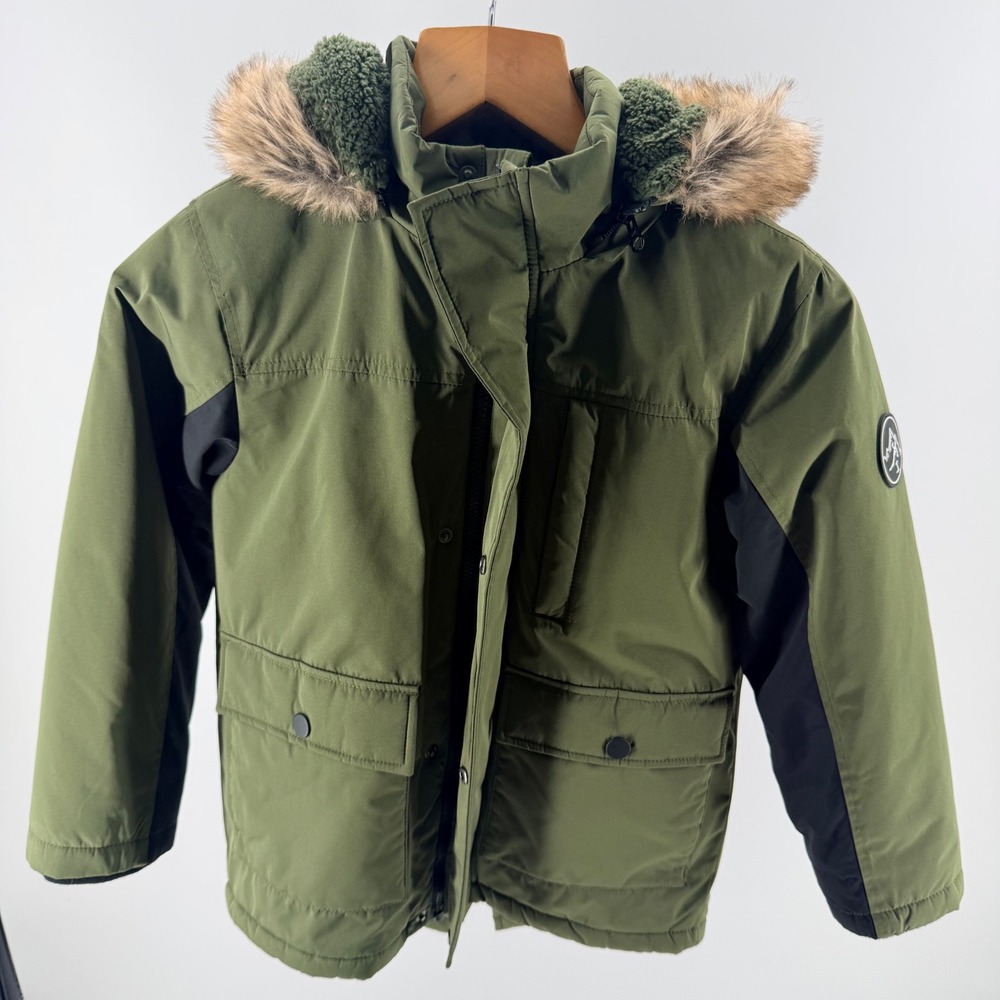 Members Mark Boys Hooded Parka Jacket Olive Green Black Faux Fur Trim- Size M 8